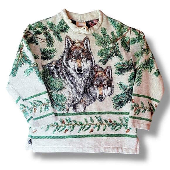 Vintage AU Art Unlimited Sportswear Mens Tapestry Pullover Sz S/M Wolves Nature - Picture 1 of 7